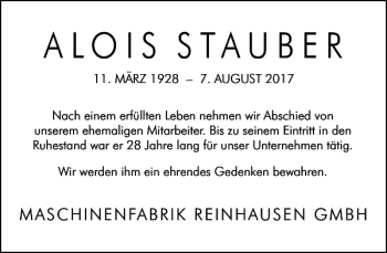 Traueranzeige von ALOIS STAUBER von Mittelbayerische Zeitung Regensburg