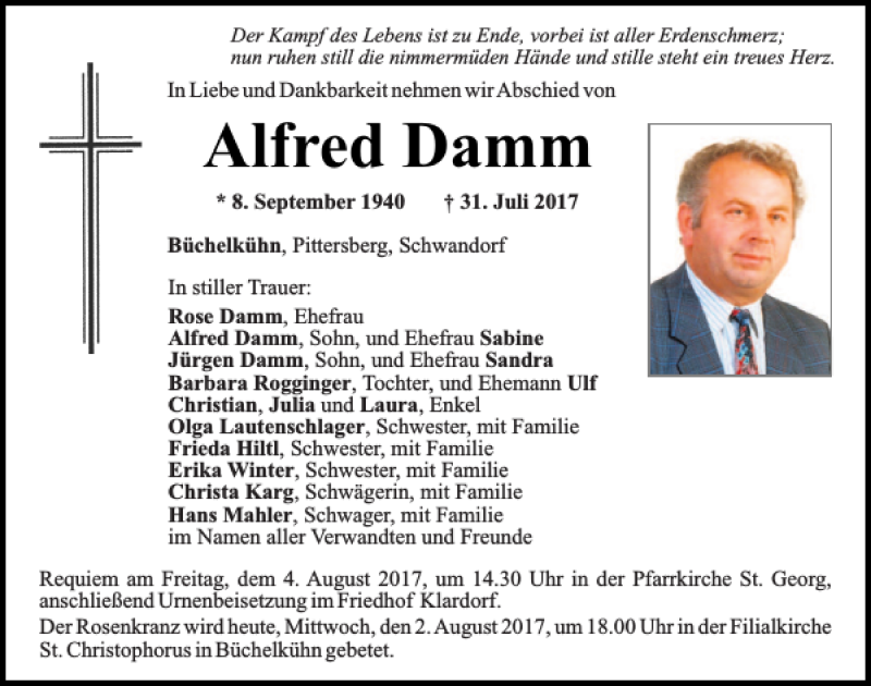  Traueranzeige für Alfred Damm vom 02.08.2017 aus Mittelbayerische Zeitung Schwandorf