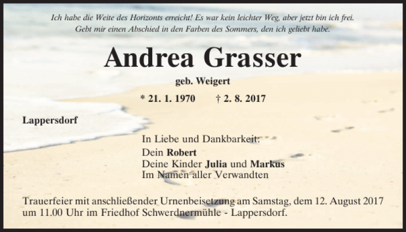  Traueranzeige für Andrea Grasser vom 05.08.2017 aus Mittelbayerische Zeitung Regensburg