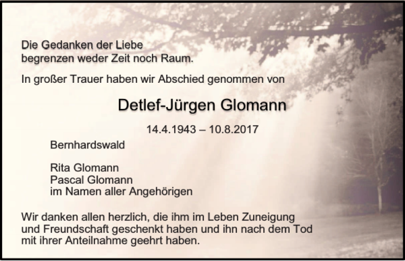  Traueranzeige für Detlef-Jürgen Glomann vom 19.08.2017 aus Mittelbayerische Zeitung Regensburg