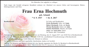 Traueranzeige von Erna Hochmuth von Mittelbayerische Zeitung Regensburg