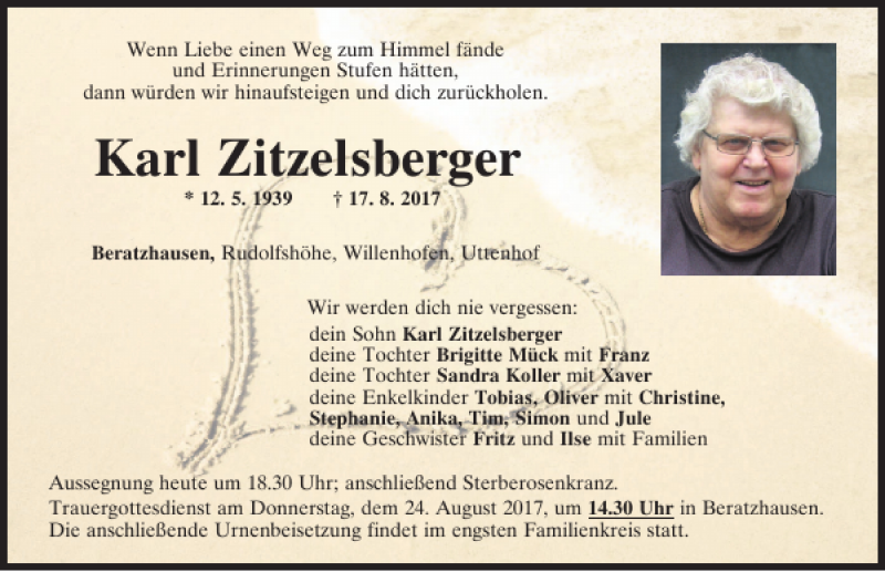  Traueranzeige für Karl Zitzelsberger vom 21.08.2017 aus Neumarkter Tagblatt