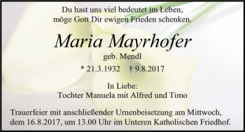 Traueranzeige von Maria Mayrhofer von Mittelbayerische Zeitung Regensburg