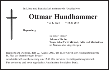 Traueranzeige von Ottmar Hundhammer von Mittelbayerische Zeitung Regensburg