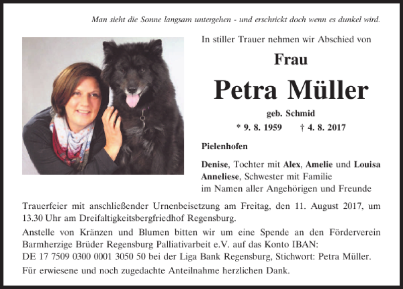  Traueranzeige für Petra Müller vom 08.08.2017 aus Mittelbayerische Zeitung Regensburg