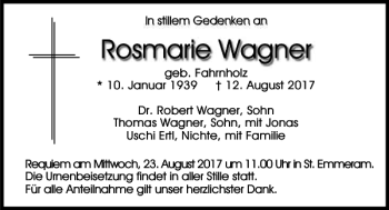 Traueranzeige von Rosmarie Wagner von Mittelbayerische Zeitung Regensburg
