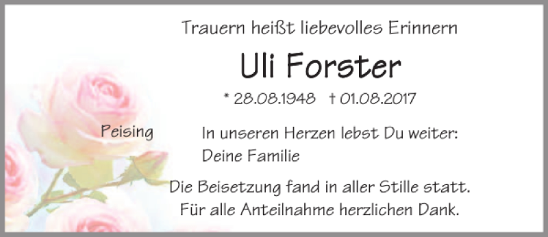 Traueranzeige für Uli Forster vom 05.08.2017 aus Mittelbayerische Zeitung Regensburg
