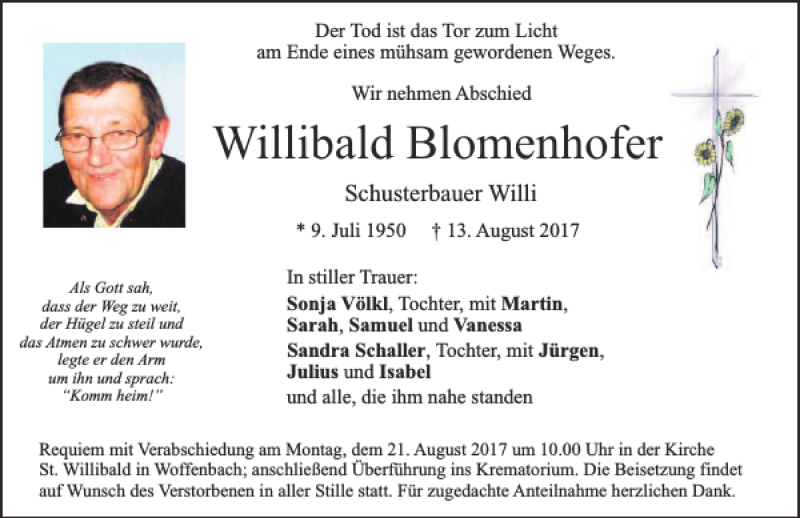  Traueranzeige für Willibald Blomenhofer vom 19.08.2017 aus Neumarkter Tagblatt