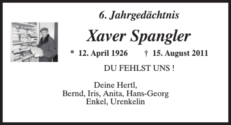  Traueranzeige für Xaver Spangler vom 14.08.2017 aus Neumarkter Tagblatt