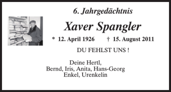 Traueranzeige von Xaver Spangler von Neumarkter Tagblatt