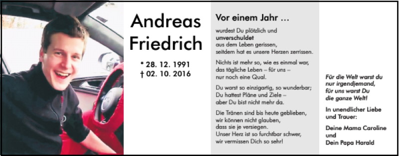  Traueranzeige für Andreas Friedrich vom 30.09.2017 aus Mittelbayerische Zeitung Regensburg