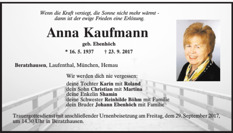  Traueranzeige für Anna Kaufmann vom 27.09.2017 aus Mittelbayerische Zeitung Regensburg