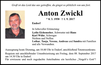Traueranzeige von Anton Zwickl von Mittelbayerische Zeitung Regensburg