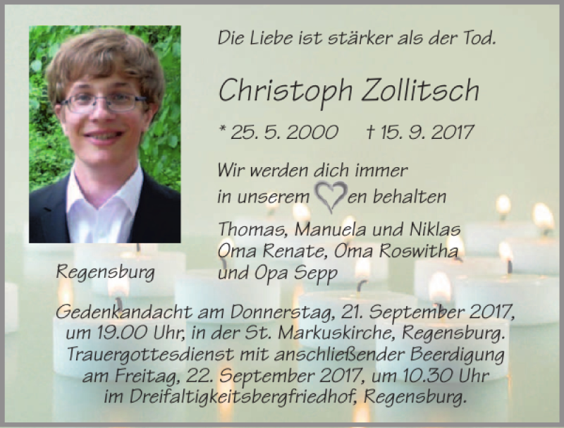  Traueranzeige für Christoph Zollitsch vom 20.09.2017 aus Mittelbayerische Zeitung Regensburg