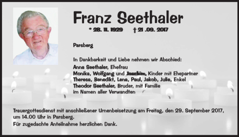  Traueranzeige für Franz Seethaler vom 26.09.2017 aus Neumarkter Tagblatt