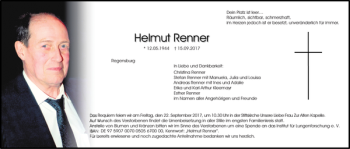 Traueranzeige von Helmut Renner von Mittelbayerische Zeitung Regensburg
