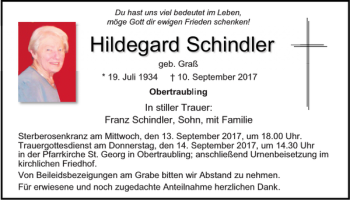 Traueranzeige von Hildegard Schindler von Mittelbayerische Zeitung Regensburg