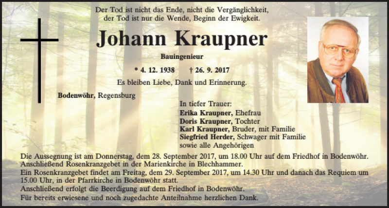  Traueranzeige für Johann Kraupner vom 28.09.2017 aus Mittelbayerische Zeitung Schwandorf