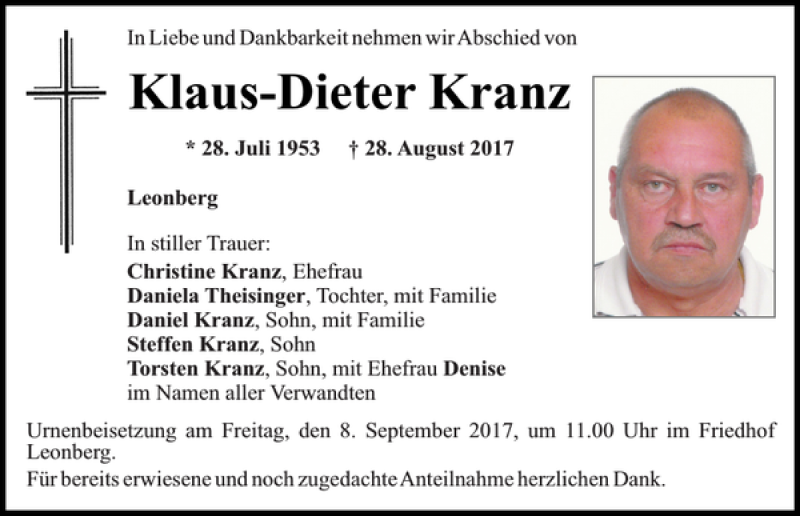  Traueranzeige für Klaus-Dieter Kranz vom 06.09.2017 aus Mittelbayerische Zeitung Schwandorf