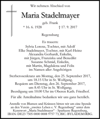 Traueranzeige von Maria Stadelmayer von Mittelbayerische Zeitung Regensburg