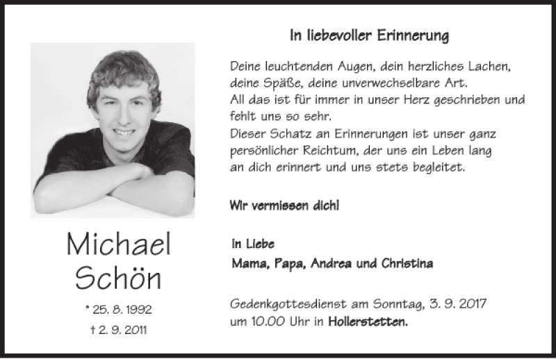  Traueranzeige für Michael Schön vom 02.09.2017 aus Neumarkter Tagblatt