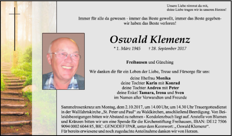  Traueranzeige für Oswald Klemenz vom 30.09.2017 aus Neumarkter Tagblatt