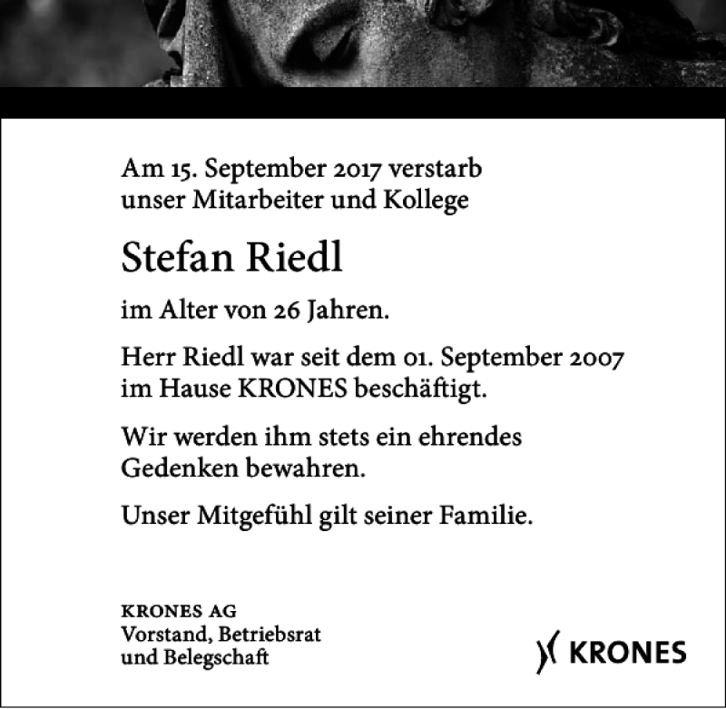  Traueranzeige für Stefan Riedl vom 19.09.2017 aus Mittelbayerische Zeitung Regensburg