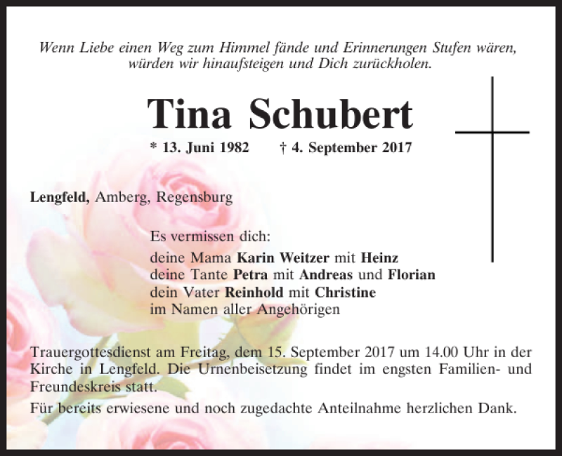 Traueranzeige für Tina Schubert vom 12.09.2017 aus Mittelbayerische Zeitung Kelheim