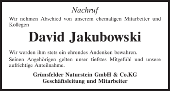 Traueranzeige von David Jakubowski von Mittelbayerische Zeitung Kelheim