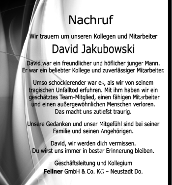 Traueranzeige von David Jakubowski von Mittelbayerische Zeitung Kelheim