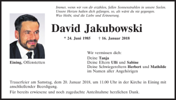 Traueranzeige von David Jakubowski von Mittelbayerische Zeitung Kelheim