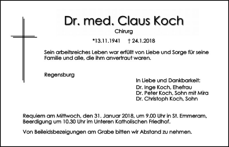  Traueranzeige für Dr. med. Claus Koch vom 27.01.2018 aus Mittelbayerische Zeitung Regensburg