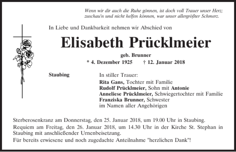  Traueranzeige für Elisabeth Prücklmeier vom 23.01.2018 aus Mittelbayerische Zeitung Kelheim
