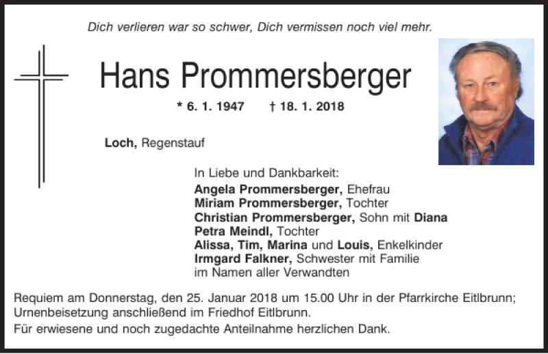  Traueranzeige für Hans Prommersberger vom 20.01.2018 aus Mittelbayerische Zeitung Regensburg