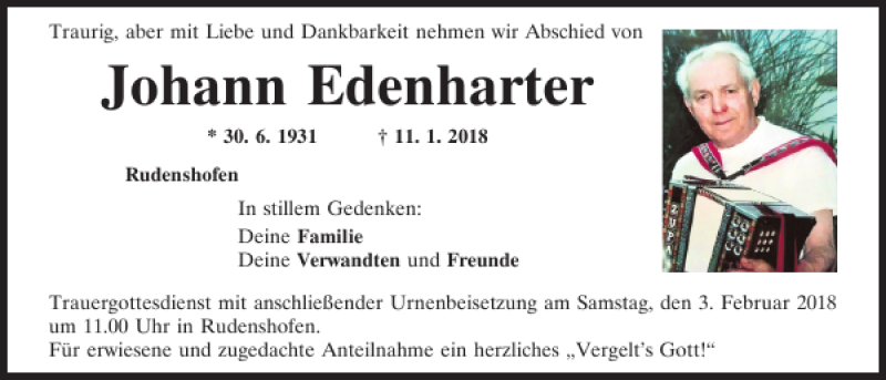  Traueranzeige für Johann Edenharter vom 17.01.2018 aus Neumarkter Tagblatt