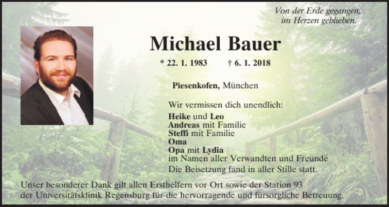  Traueranzeige für Michael Bauer vom 13.01.2018 aus Mittelbayerische Zeitung Regensburg