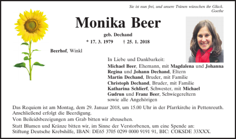  Traueranzeige für Monika Beer vom 27.01.2018 aus Mittelbayerische Zeitung Regensburg