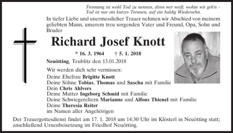  Traueranzeige für Richard Josef Knott vom 13.01.2018 aus Mittelbayerische Zeitung Schwandorf