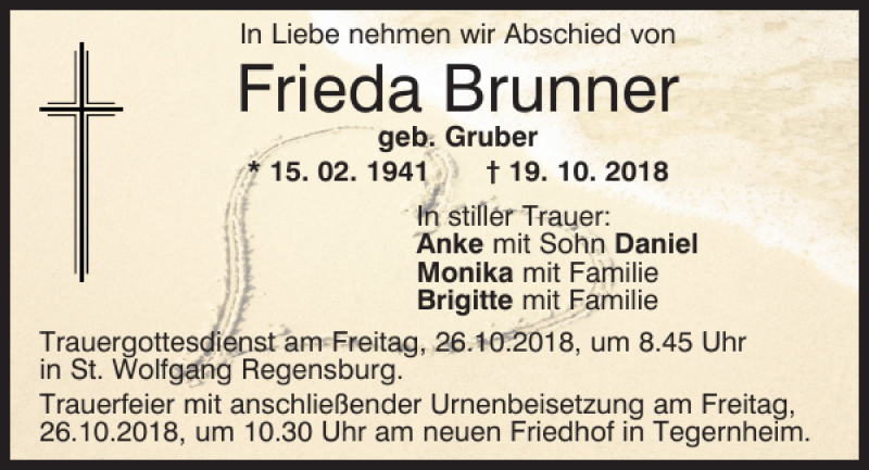  Traueranzeige für Frieda Brunner vom 24.10.2018 aus Mittelbayerische Zeitung Regensburg
