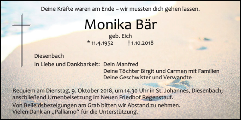  Traueranzeige für Monika Bär vom 05.10.2018 aus Mittelbayerische Zeitung Regensburg