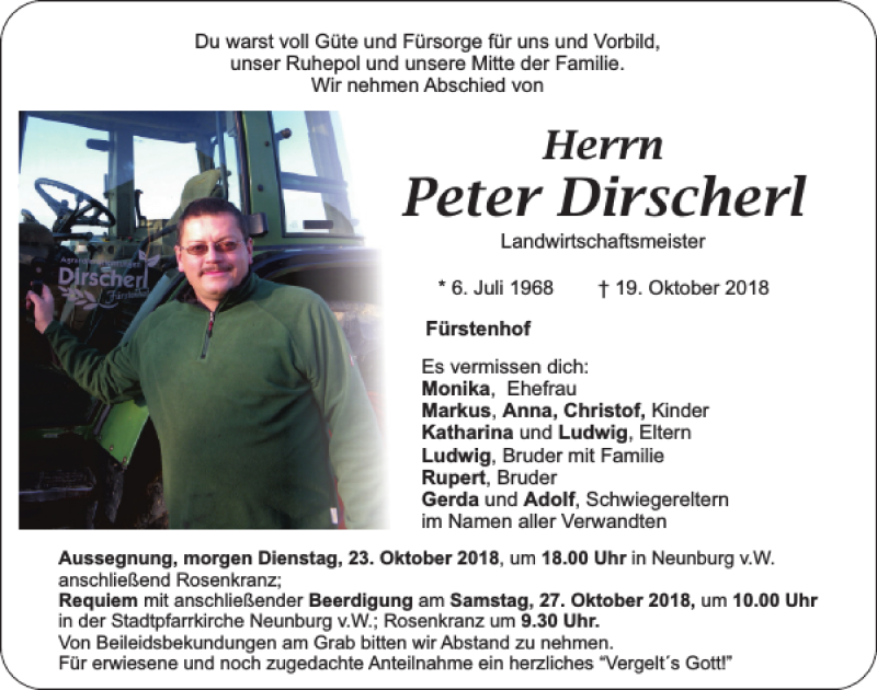  Traueranzeige für Peter Dirscherl vom 22.10.2018 aus Mittelbayerische Zeitung Schwandorf