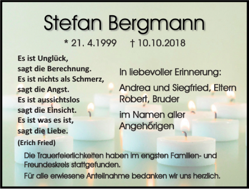  Traueranzeige für Stefan Bergmann vom 20.10.2018 aus Mittelbayerische Zeitung Regensburg