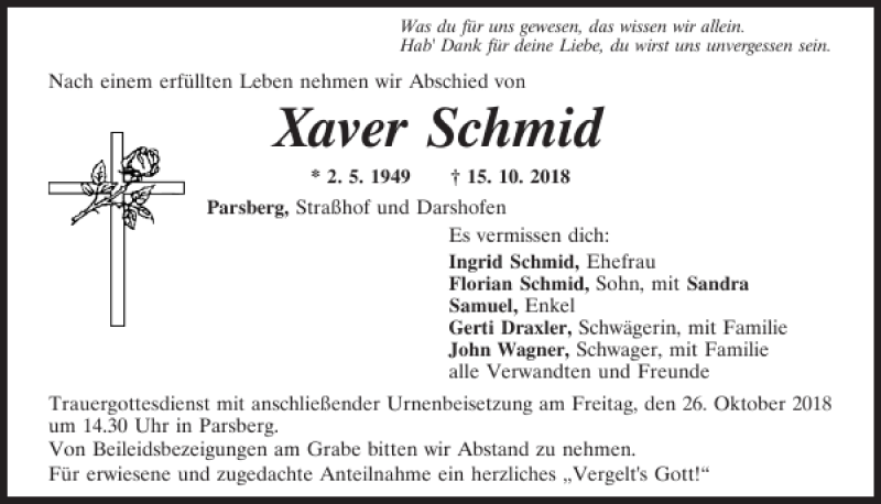  Traueranzeige für Xaver Schmid vom 23.10.2018 aus Neumarkter Tagblatt