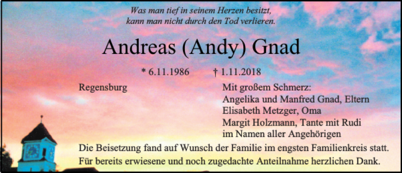  Traueranzeige für Andreas Gnad vom 10.11.2018 aus Mittelbayerische Zeitung Regensburg