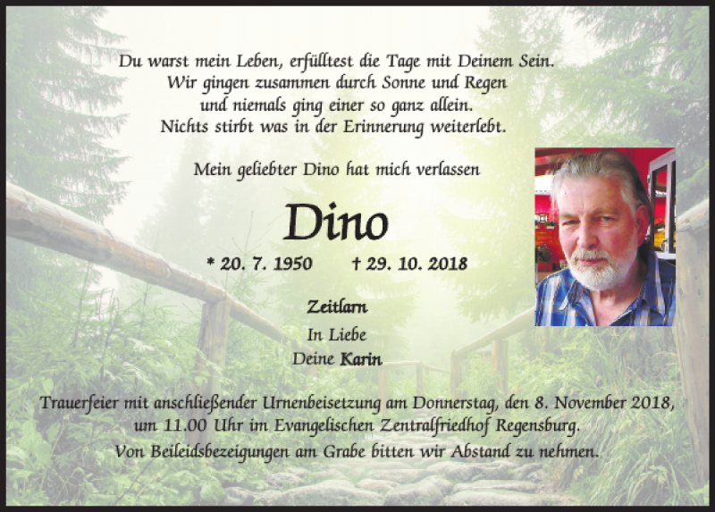 Traueranzeige für Dino  vom 03.11.2018 aus Mittelbayerische Zeitung Regensburg