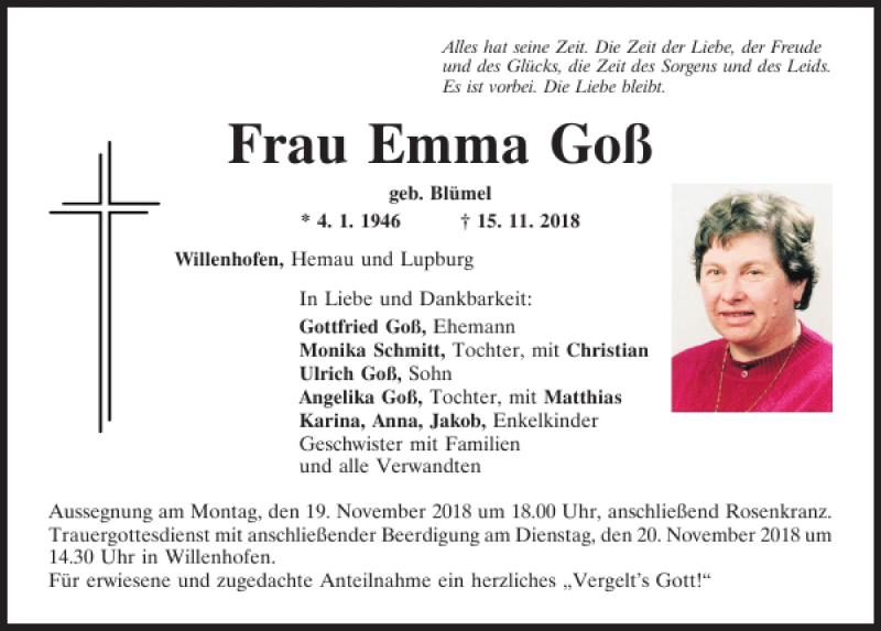  Traueranzeige für Emma Goß vom 17.11.2018 aus Mittelbayerische Zeitung Regensburg