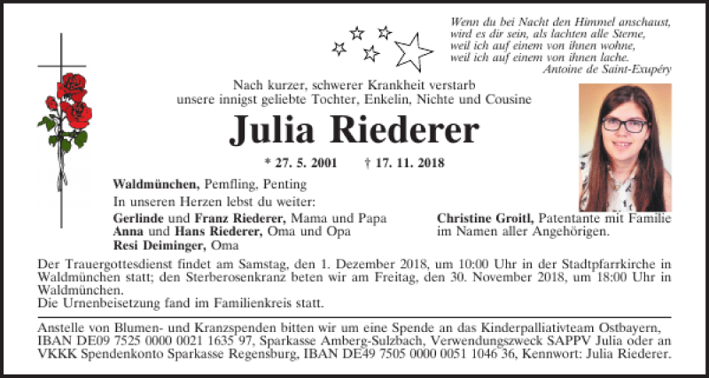  Traueranzeige für Julia Riederer vom 29.11.2018 aus Bayerwald Echo