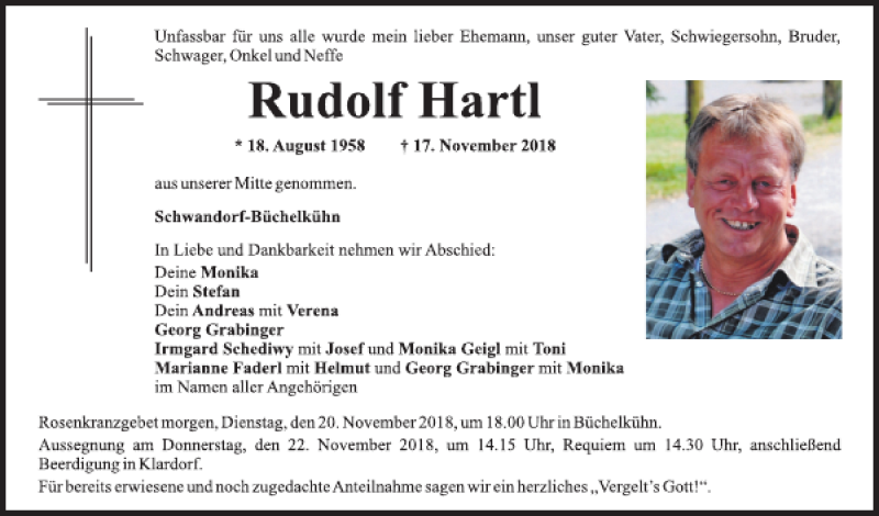  Traueranzeige für Rudolf Hartl vom 19.11.2018 aus Mittelbayerische Zeitung Schwandorf