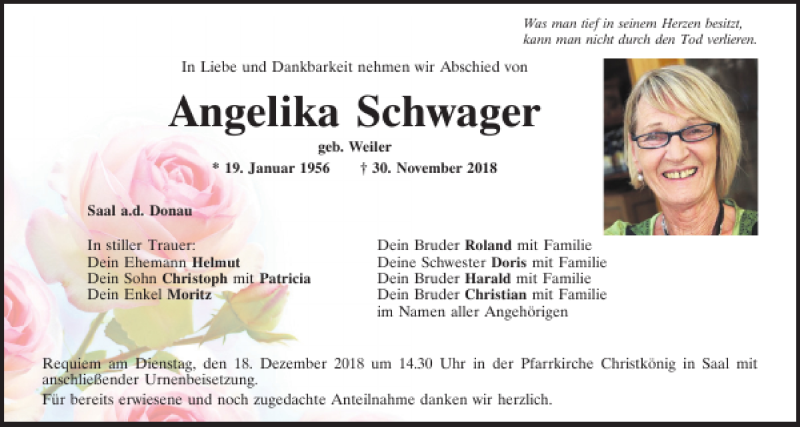  Traueranzeige für Angelika Schwager vom 14.12.2018 aus Mittelbayerische Zeitung Kelheim