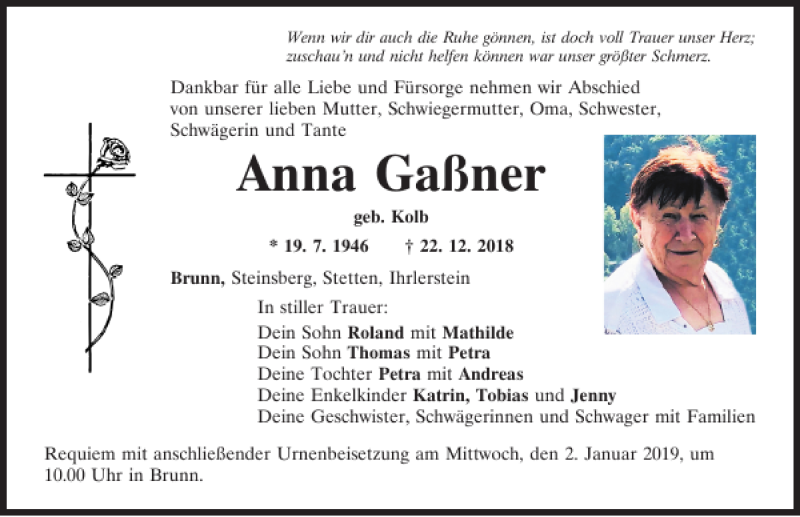  Traueranzeige für Anna Gaßner vom 29.12.2018 aus Mittelbayerische Zeitung Regensburg